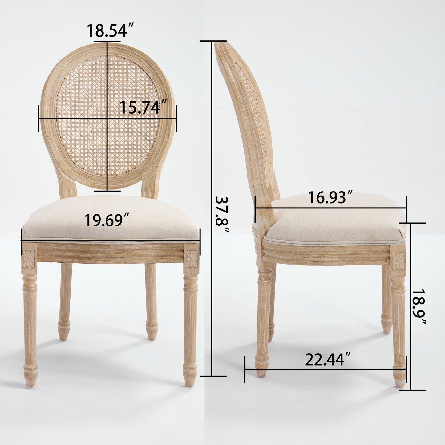 French Style Solid Wood Linen Fabric Rattan Back Dining Chair, Set of 2, Beige