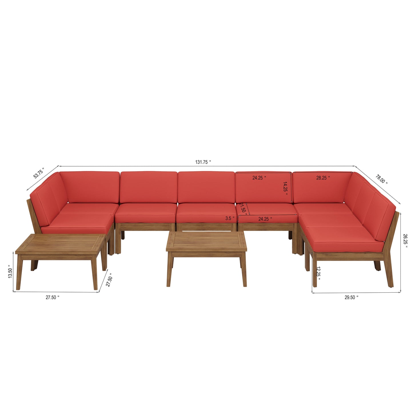 Sofa Sectional Outdoor Curved Acacia Wood Teak Finish Red Cushions 8seater