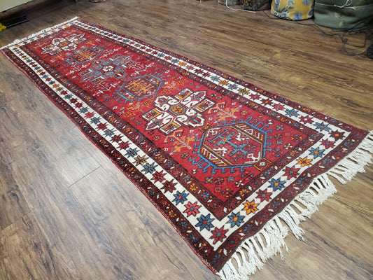 Antique Persian Heriz Karajeh Runner Rug 3x11, Hand-Knotted Red Geometric Medallions