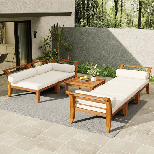 ** 6 Piece Patio Sofa Set, Acacia Wood Outdoor Modular Sectional Garden Furniture Set L Shaped Conversation Set, Convertible Daybed With Tea Table, Ottoman, 5 Cushions And Pillows - Teak / Beige