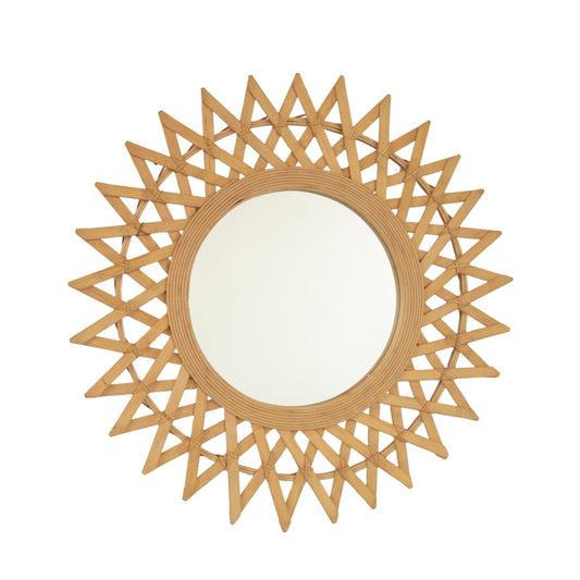 Wall Mirror Round Bamboo Hemp Rope Diamond Pattern Natural Boho 23.6 In