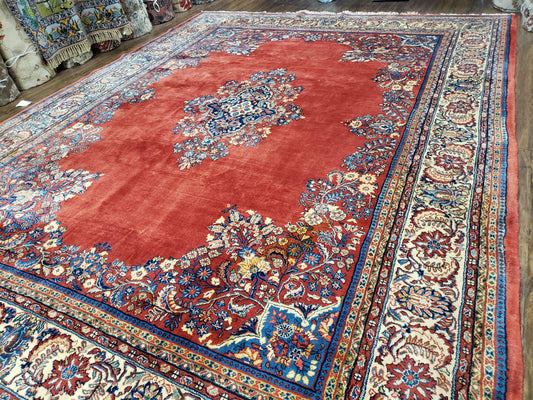 Semi Antique Persian Sarouk Rug 9x12, Semi Open Field with Central Medallion, Hand Knotted Wool, Tomato Red, 9 x 12 Authentic Oriental Carpet