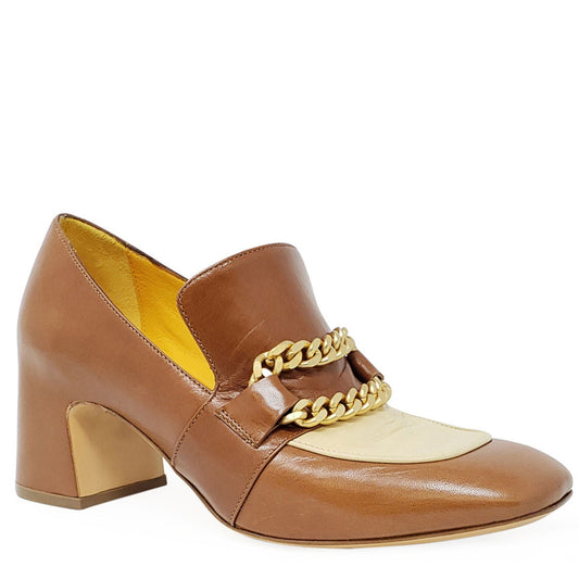 Tan & Cream Leather Mid Heel Loafer W/Chain