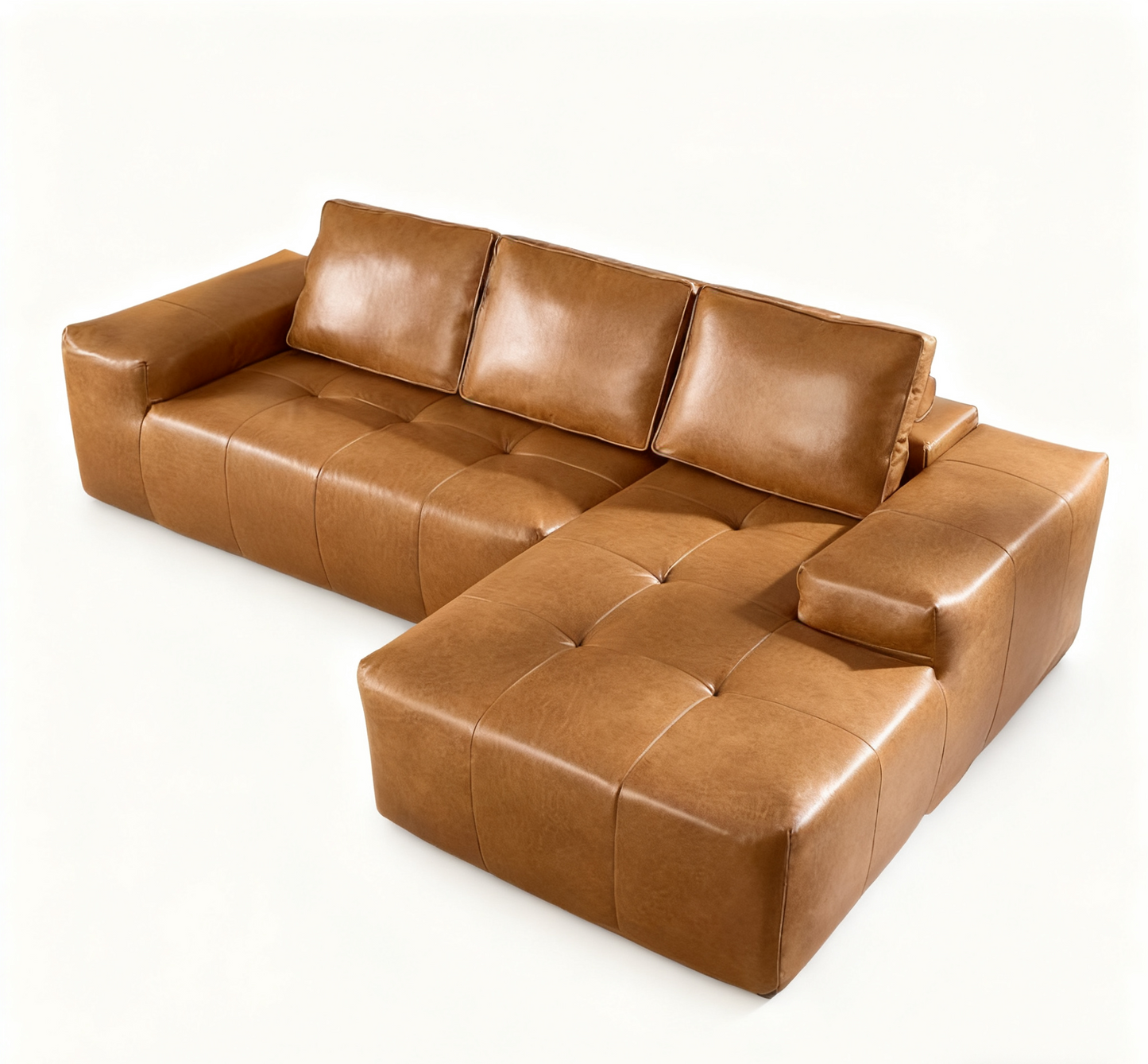 Sectional Sofa L-Shape Faux Leather Brown 3 Seat with Chaise 114 In