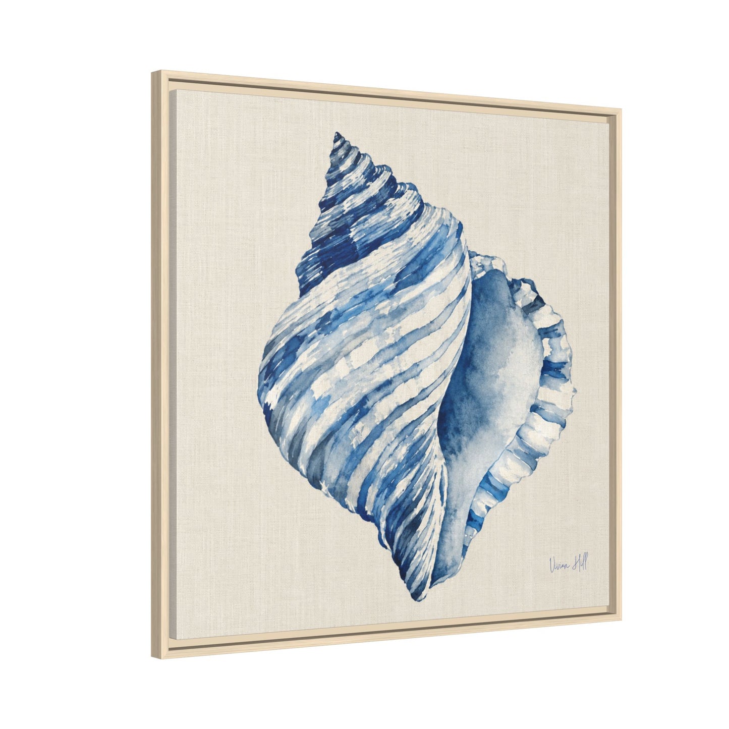 Blue Conch Shell Framed Original Print on Canvas Art — Coastal Navy Seashell Wall Decor 30'x30" | Vivian Hill, Bay & Bridle| Vivian Hill, Bay & Bridle
