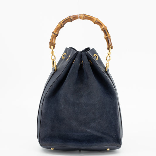 Gucci Navy Bamboo Suede x Leather Drawstring 2WAY Shoulder Bag #1881