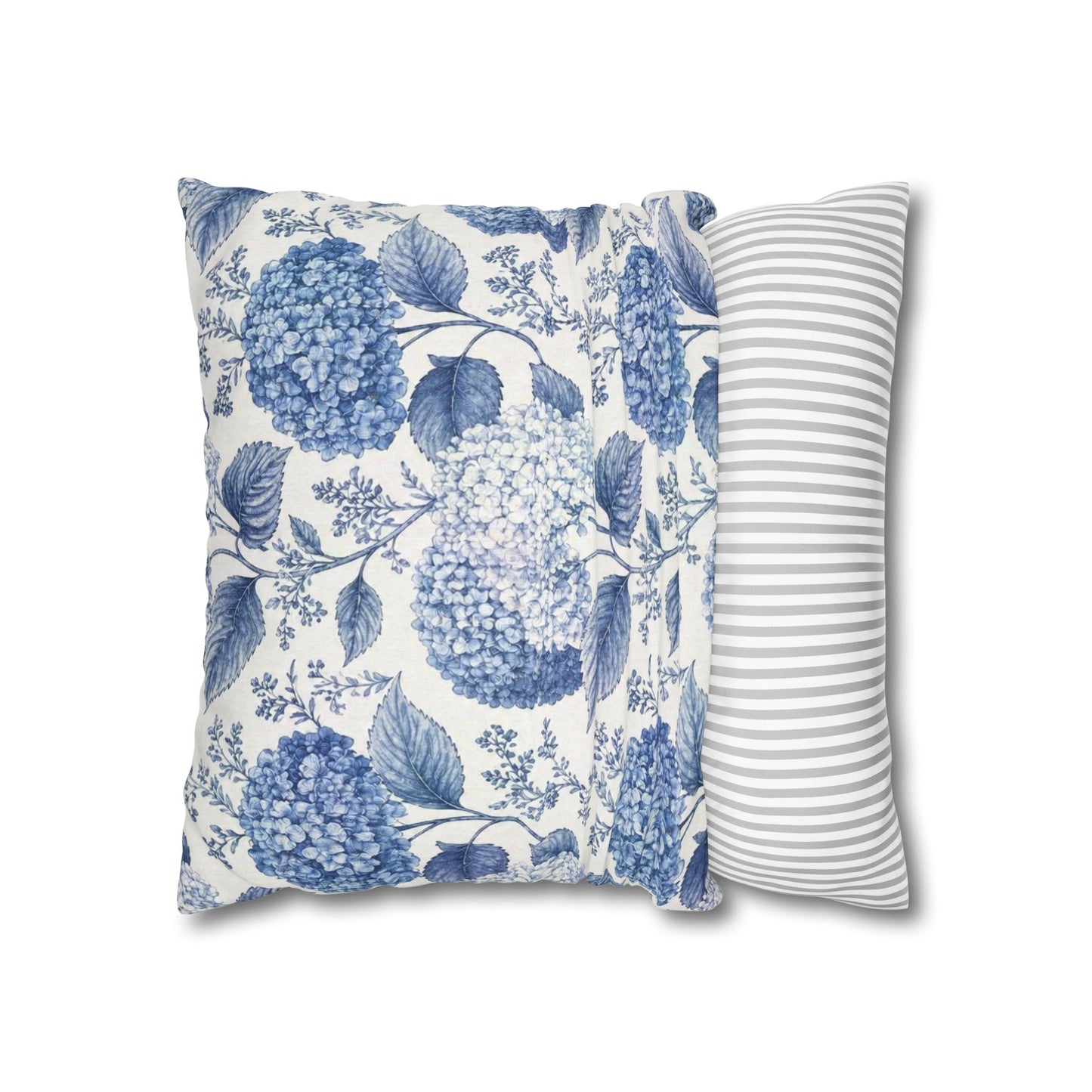 Blue Hydrangea Floral Pillowcase | Square Poly Canvas Throw Pillow Cover 18x18