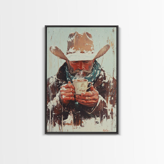 Cowboy Riding Horse in Winter Forest Framed Canvas Print - Moody Winter Landscape Art Perfect 2024 Christmas Home Decor