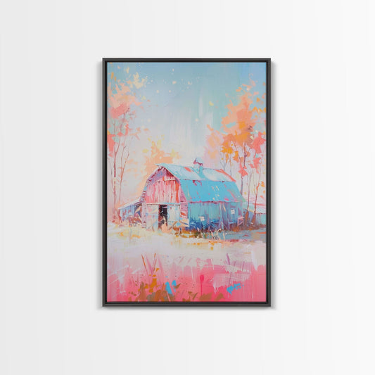 Vintage Pastel Barn with Blue Roof and Trees - Framed Canvas Print, Rustic Farmhouse Decor, Country Art for Home, Bedroom Wall Art