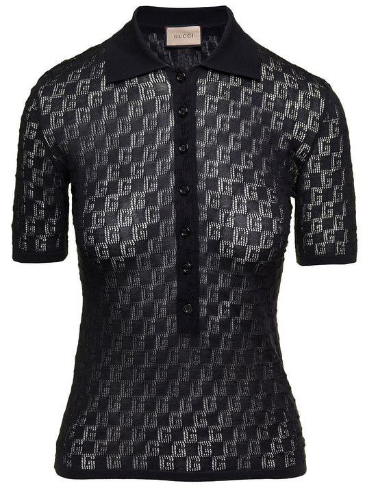 Gucci Black GG Monogram Polo Shirt in Silk & Cotton Blend