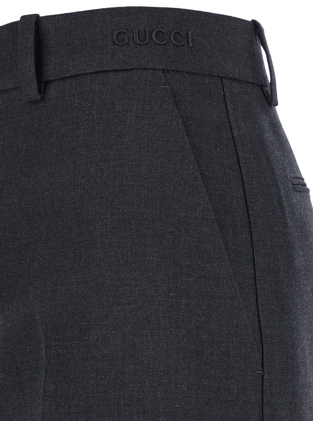 Gucci Grey Wool Wide-Leg Trousers with Logo Waist Detail