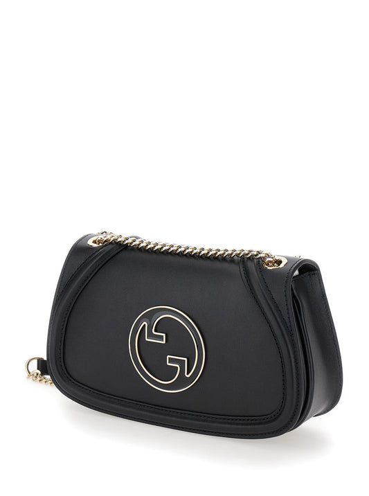 Gucci Women 'Blondie Small' Black Handbag With Metallic Gg Crossover On The Front And Chain Shoulder Strap In Leather Woman