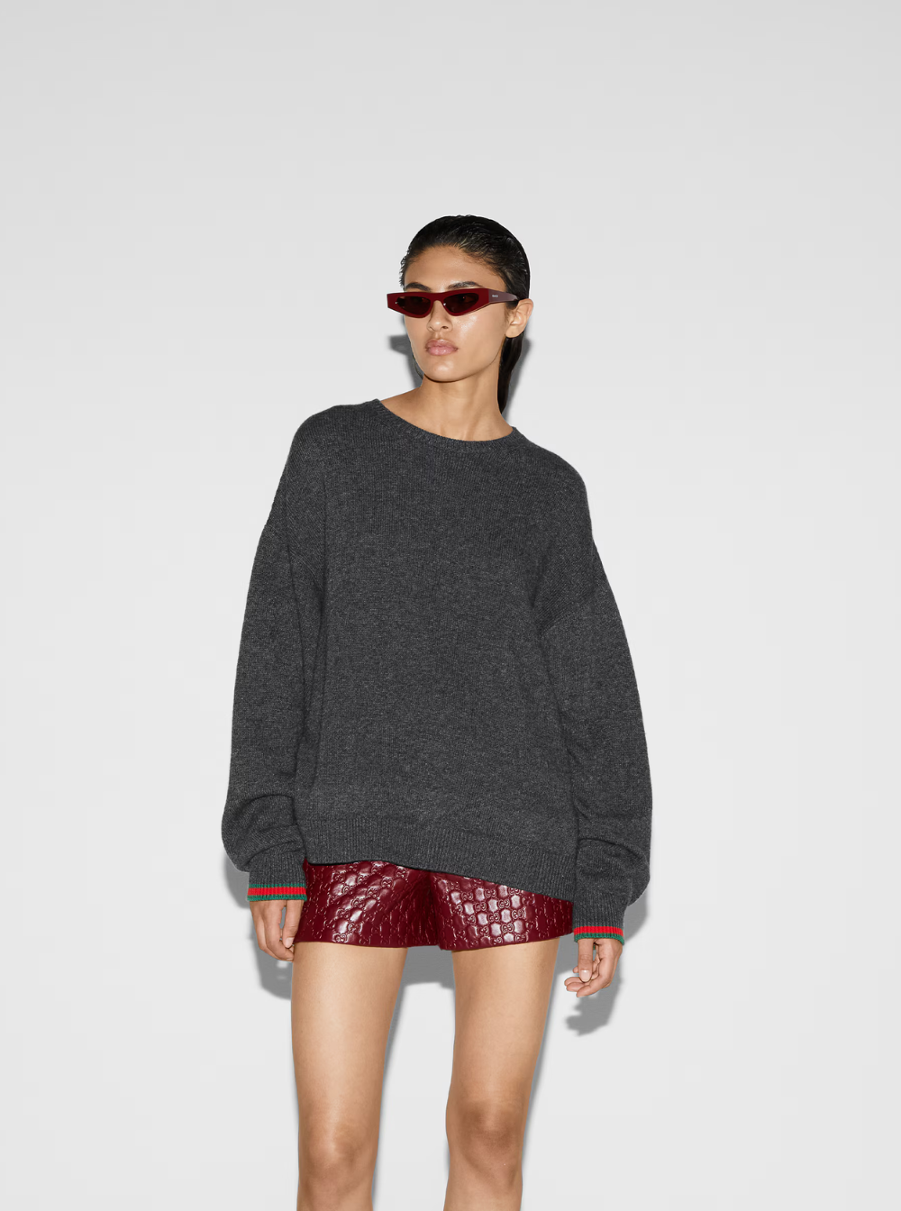 Gucci Grey Wool & Cashmere Crewneck Sweater with Web Cuff Detail
