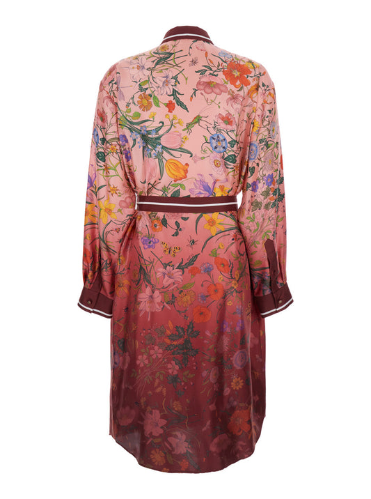 Gucci Women Bordeaux Gradient Dress With Removable Belt And All-Over Flora Print In Silk Woman