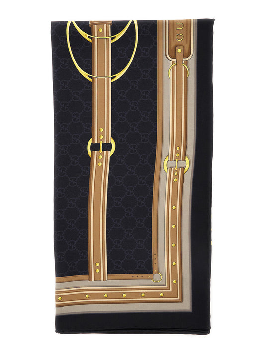 Gucci Multicolor Silk Scarf with Horsebit & GG Print