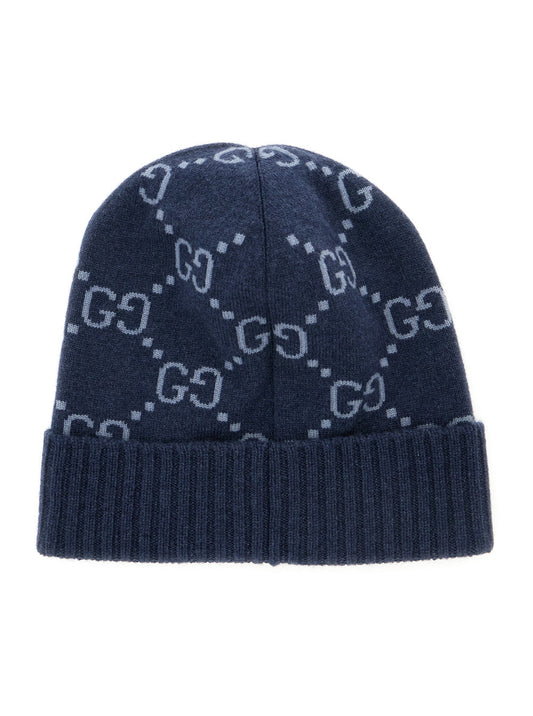 Gucci Men Hat "Gg All-Over" Blue With Cashmere Cuff For Men