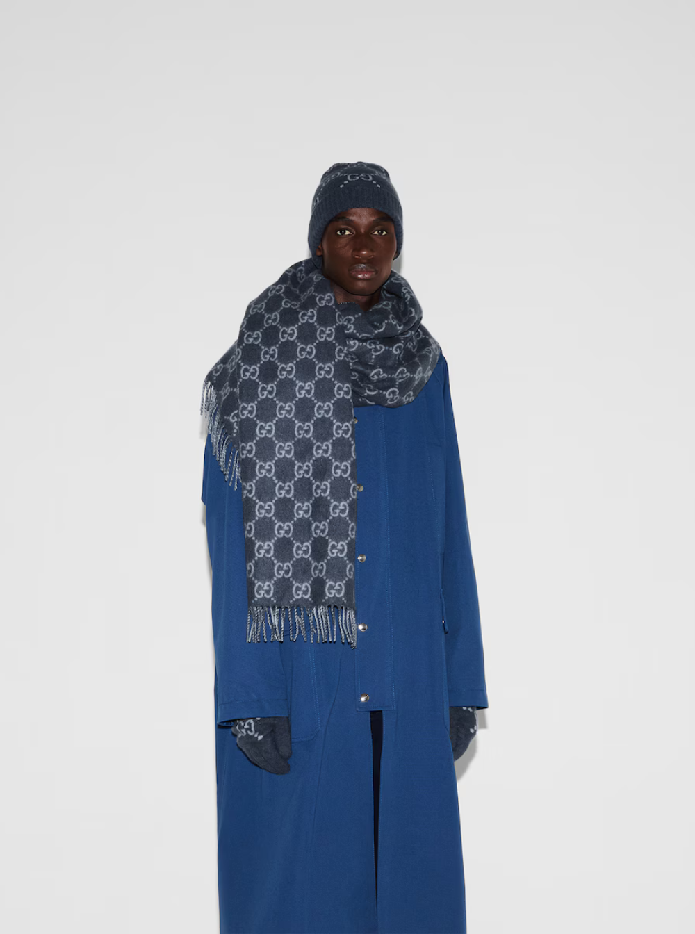 Gucci Men Hat "Gg All-Over" Blue With Cashmere Cuff For Men