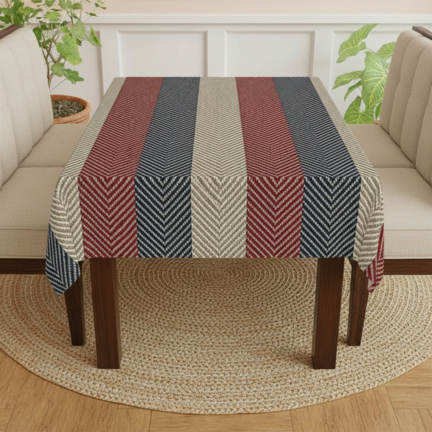 Americana Cabana Stripe Tablecloth — Inspired by elegant seaside entertaining and sun-faded summer textiles along the East Coast.