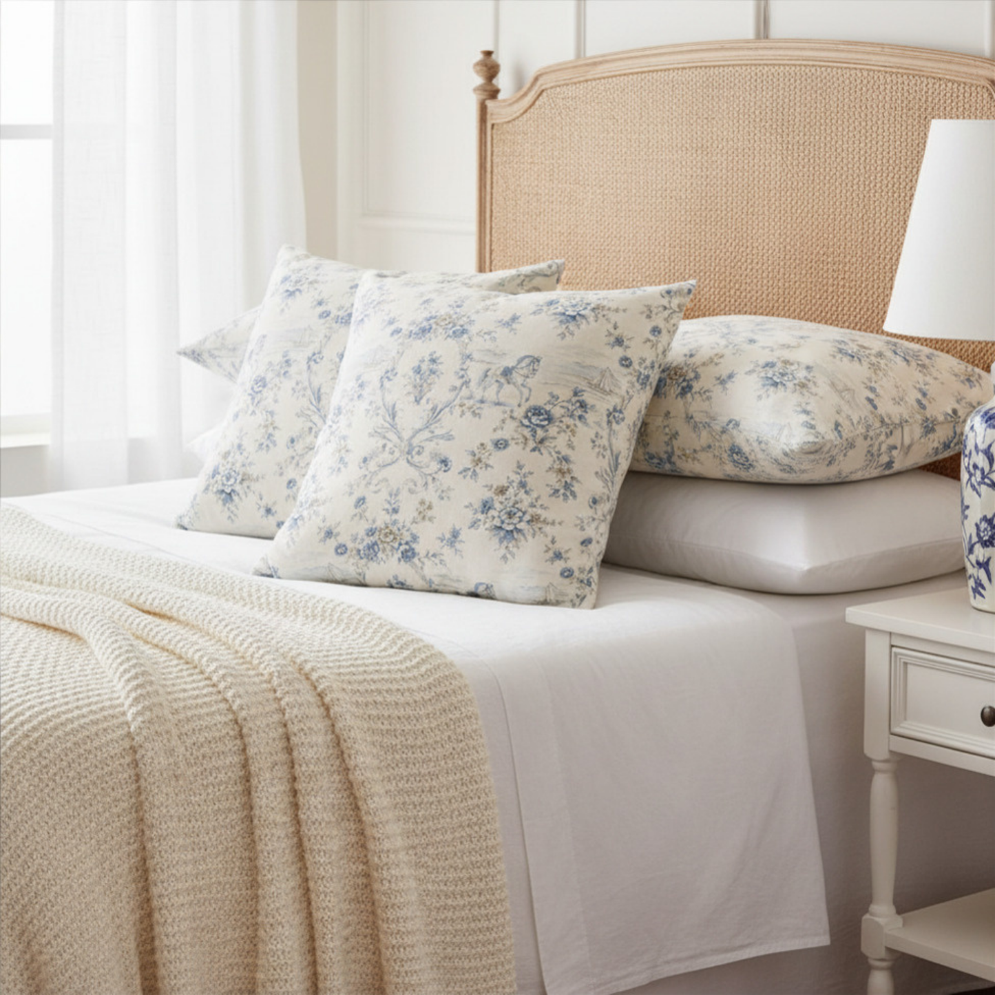 Blue & Ivory Coastal Equestrian Toile Trellis Pillow Cover