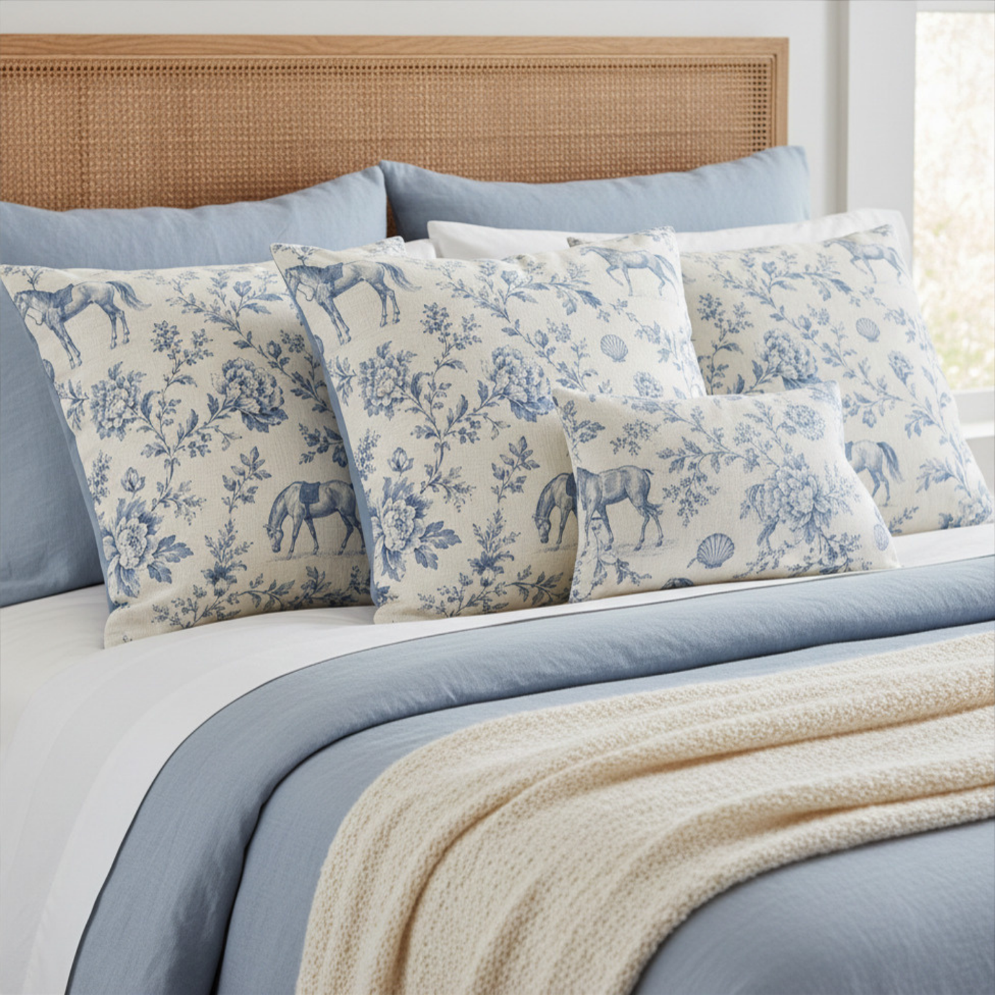 Coastal Manor Blue Toile Equestrian Pillow Cover