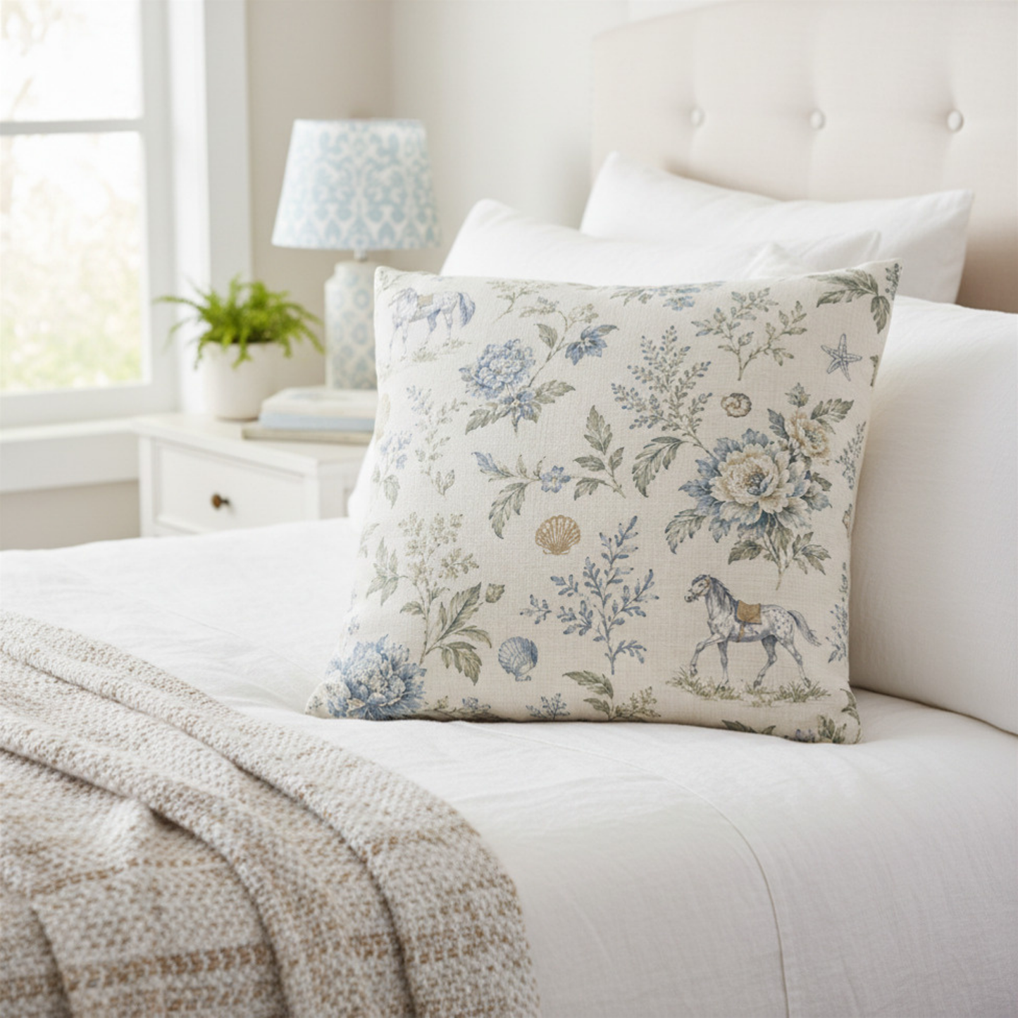 Blue & Sage Floral Coastal Equestrian Pillow Cover