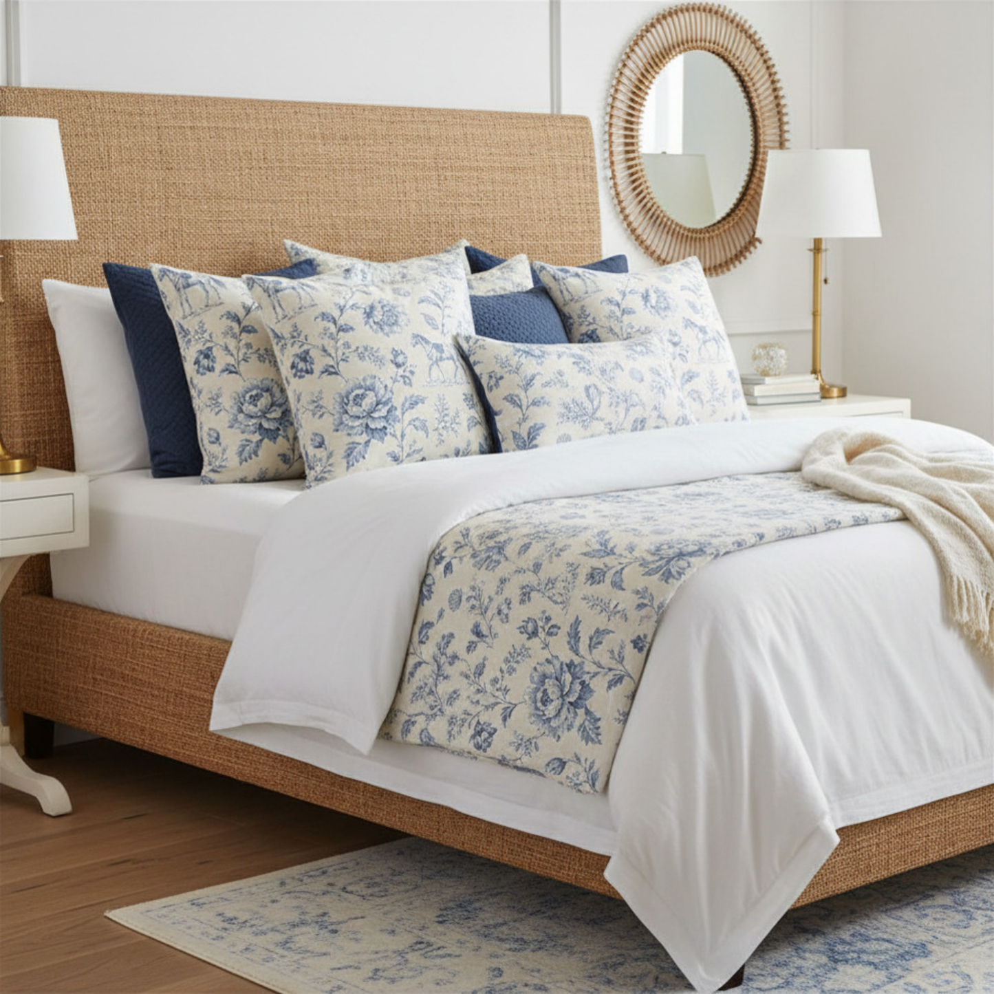Coastal Equestrian Blue Toile Hamptons Horse & Floral Pillow Cover