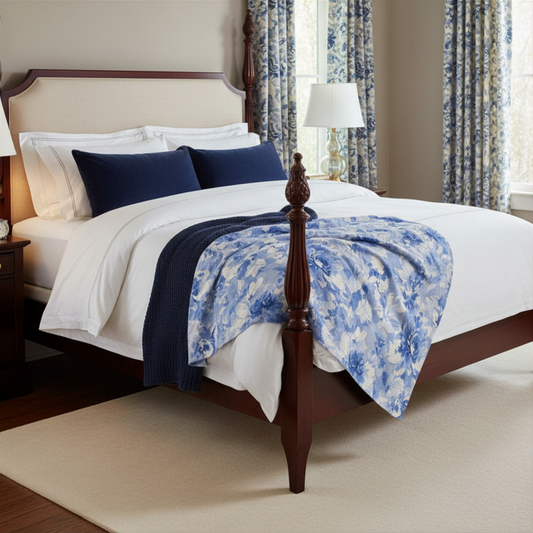 French Blue & Ivory Floral Quilted Throw Blanket – Coastal Equestrian Luxury Blanket (50"x60")