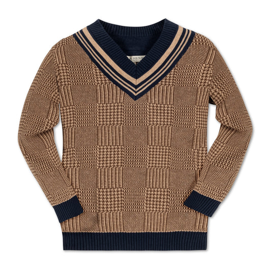 Organic Cotton Brown V-Neck Intarsia Cricket Sweater - Baby