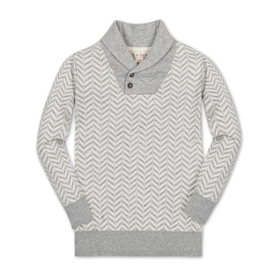 Organic Cotton Grey & White Chevron Intarsia Shawl Collar Sweater