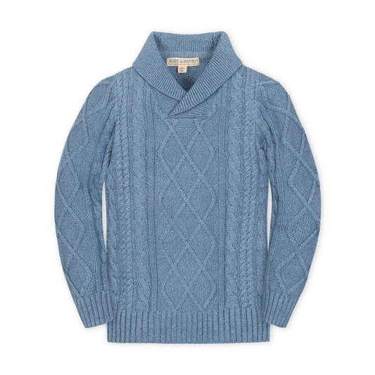 Organic Cotton Blue Cable Knit Shawl Collar Sweater