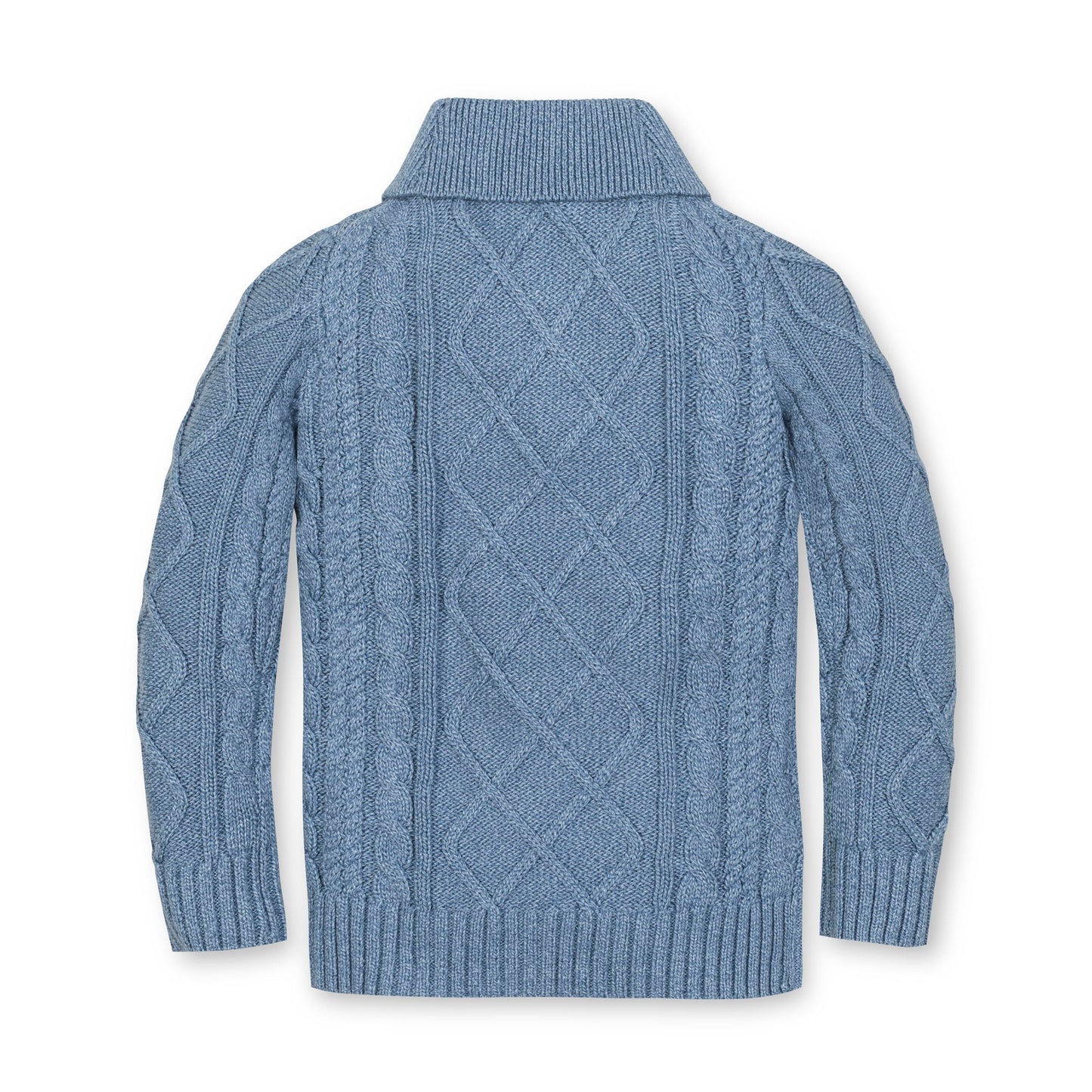 Organic Cotton Blue Cable Knit Shawl Collar Sweater