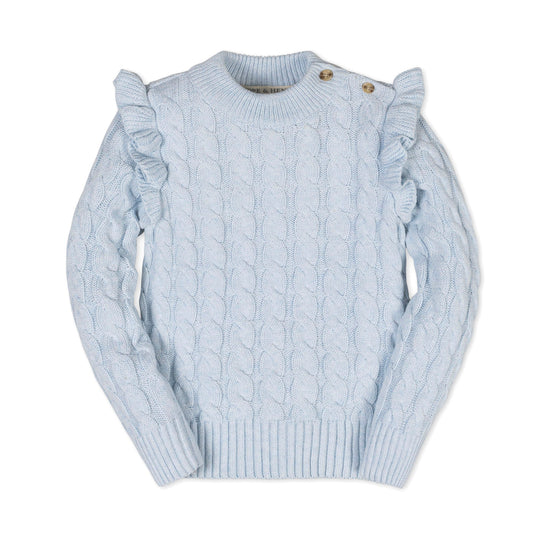Organic Cotton Blue Cable knit Mock Neck Ruffle Sweater