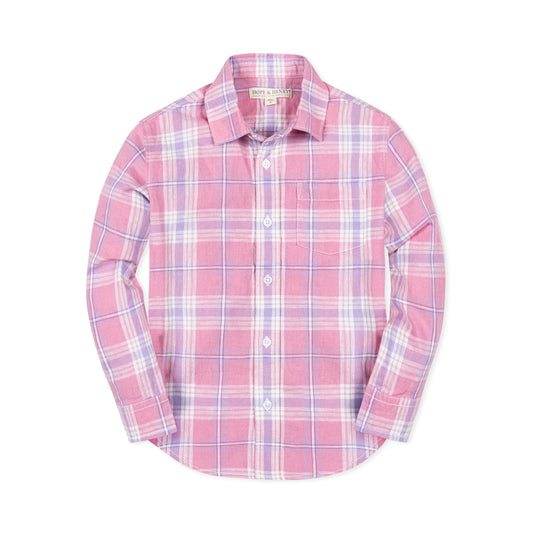 Organic Linen/Cotton Pink Plaid Button Down Dress Shirt