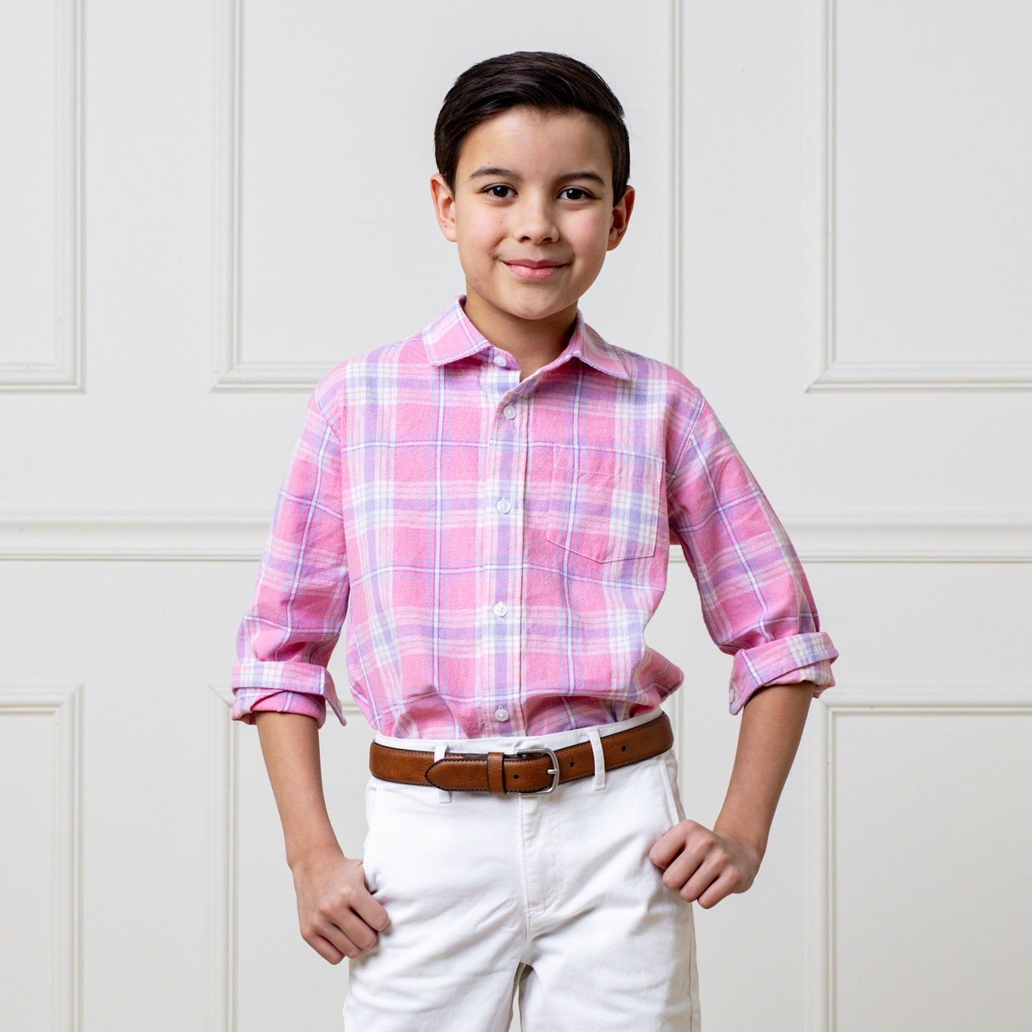Organic Linen/Cotton Pink Plaid Button Down Dress Shirt