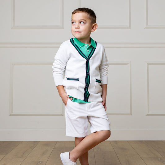 Organic Cotton White & Green V-Neck Tipped Cardigan