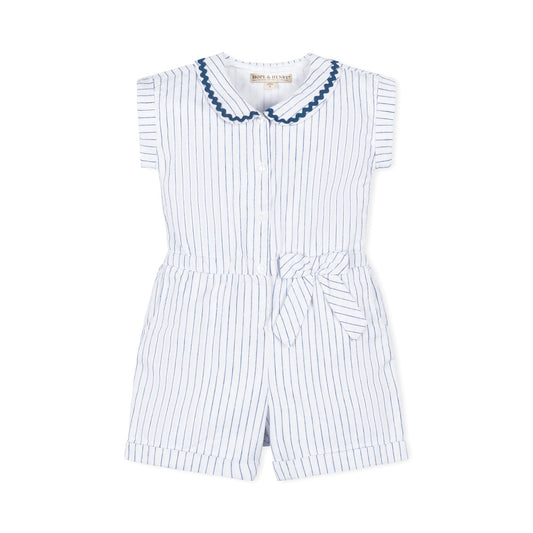 Linen Cotton Blue & White Collared Button Front Romper