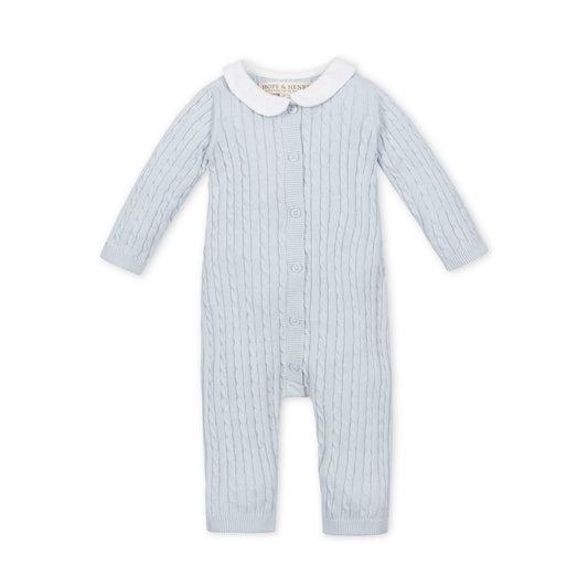 Organic Cotton Blue and White Cable Knit Peter Pan Collar Sweater Romper