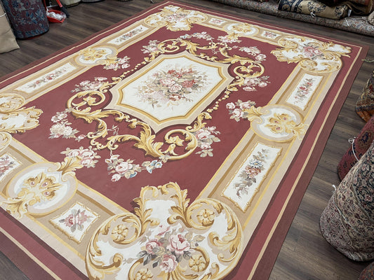 Aubusson Rug 9x12, Red Ivory Gold Tan, Handmade Hand Woven Aubusson Savonnerie Carpet, Vintage Flatweave Room Sized Aubusson Area Rug 9 x 12
