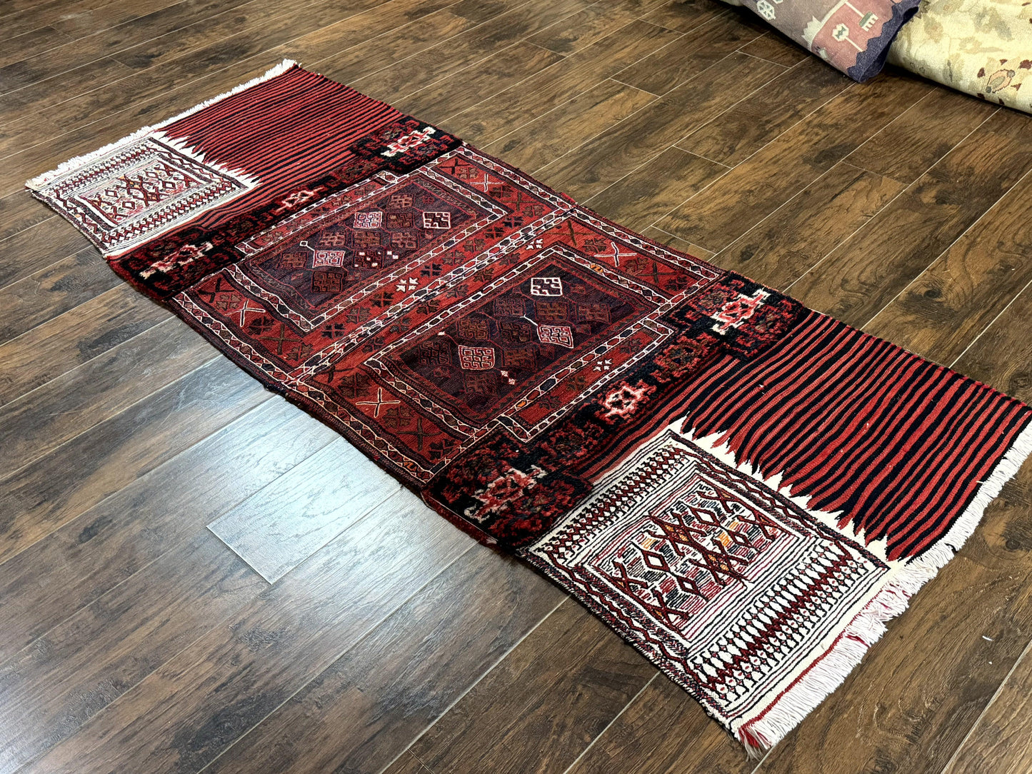 Persian Tribal Nomadic Saddle Cover Rug, Antique, Handmade, Wool, Red Ivory Black, Collectible, Shahsavan