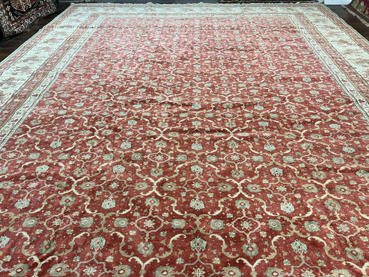 Turkish Oushak Rug 12x18, Wool Hand Knotted Vintage Carpet, Red & Oatmeal, 12 x 18 Palace SIze Handmade Oriental Rug