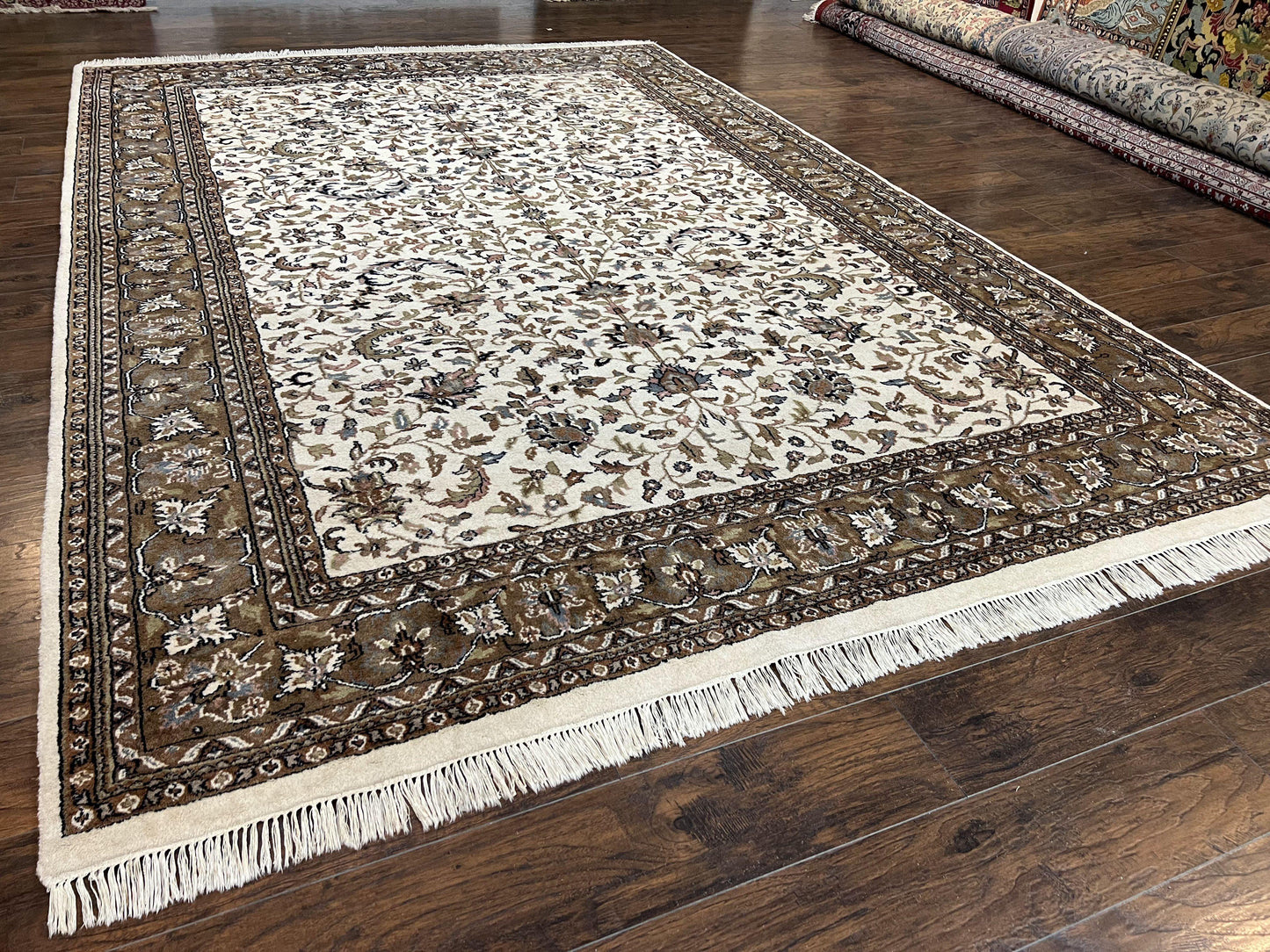 Indo Kirman Rug 8x12 Allover Floral Design, Ivory/Cream Brown, Vintage Handmade Hand Knotted Rug, Traditional Wool Persian Carpet 8 x 12