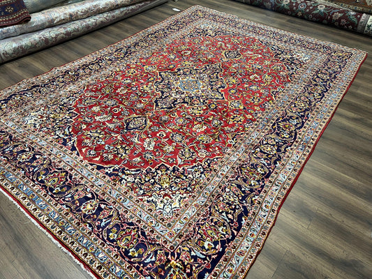 Persian Kashan Rug 9x12, Red Navy Blue, Allover Floral Medallion & Corner Design, Handmade Wool Oriental Carpet, Semi Antique Traditional Carpet
