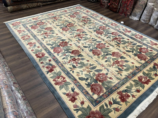 Chinese Wool Rug 8x11, Vintage 1960s Carpet, Cream and Teal, Floral Garden Panel, 8 x 11 ft Area Rug, Soft Handmade Room Sized 120 Line Rug