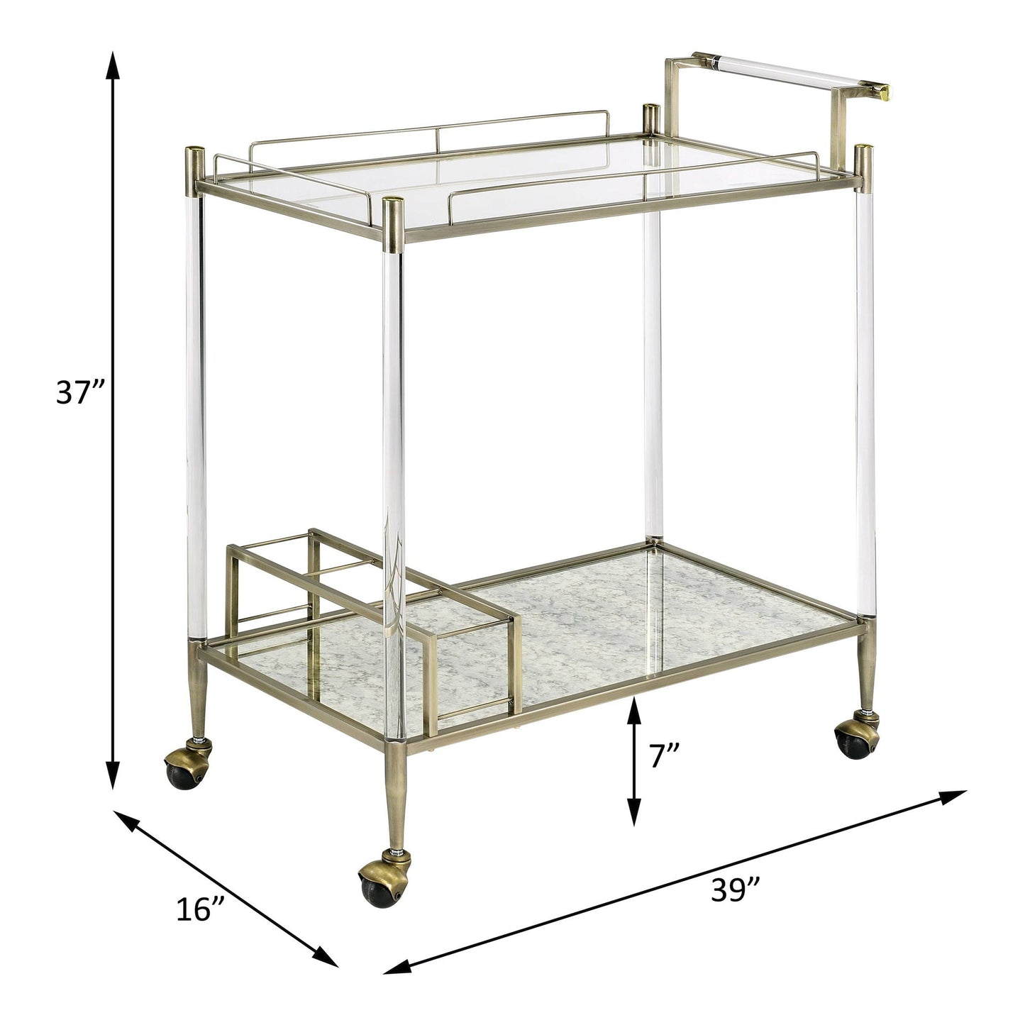 Cirro Antique Brass Bar & Serving Cart with Tempered Glass Shelves