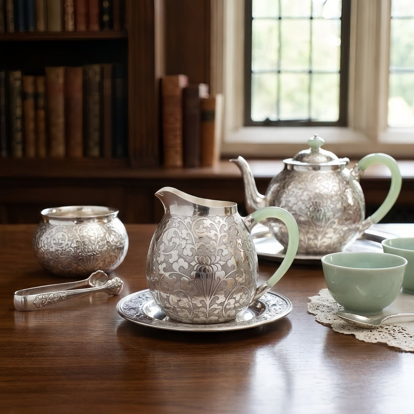 Pure 999 Fine Silver Elegant Ornate Silver Floral Engraved Pitcher Featuring a Delicate Pale Green Handle - Handicraft
