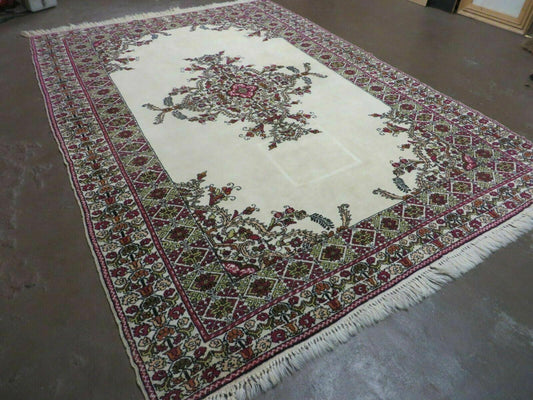 7x10 Moroccan Rug, Open Field Medallion, Berber Carpet, Hand Knotted Soft Wool Area Rug, Cream Color Background, Vintage Rug, Room Sized Rug