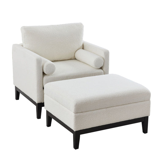 Farmhouse Upholstered Accent Chair With Ottoman, Reversible Lid Coffee Table