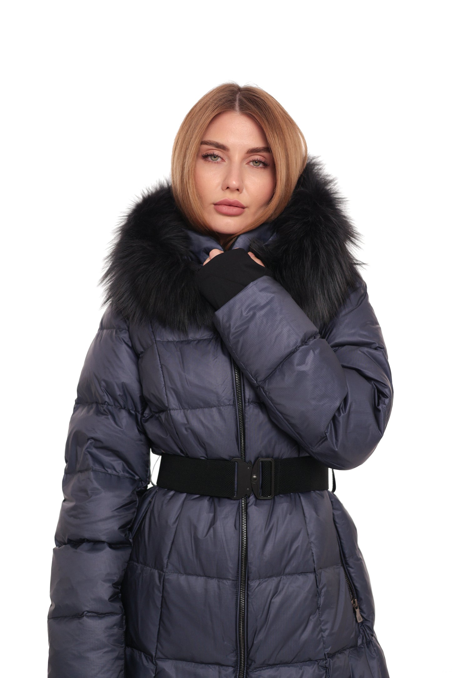 Cyrus Genuine Fur Trim Down Fill Coat in Navy