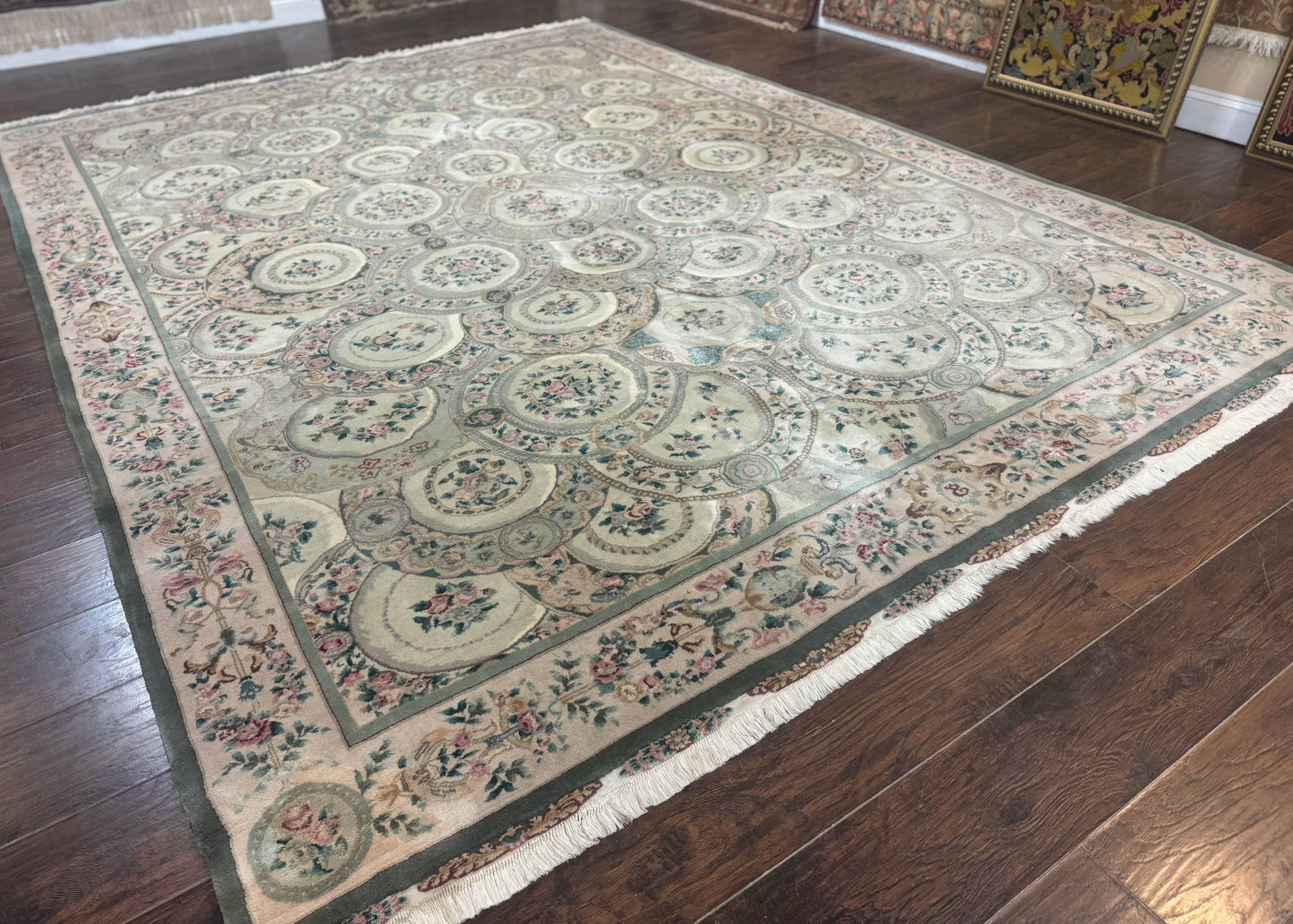 Pak Persian Rug 9x12, Wool with Silk Highlights, European Design, Floral, Green