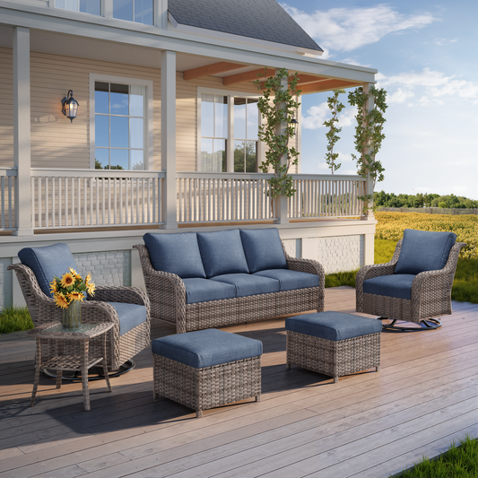 Sofa Set Modern with Three-Seater, Two Swivel Chairs, Footstools and Side Table